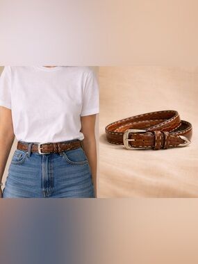 Kenneth Cole Croc Embossed Leather Belt 38 Brown Italian Calfskin Luxury Western